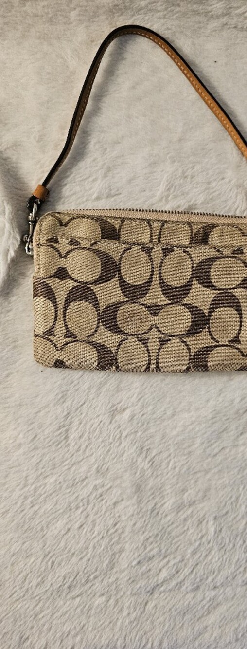 Coach Tan/Brown Signature Canvas Wristlet with Leather Stripe - Picture 2 of 5
